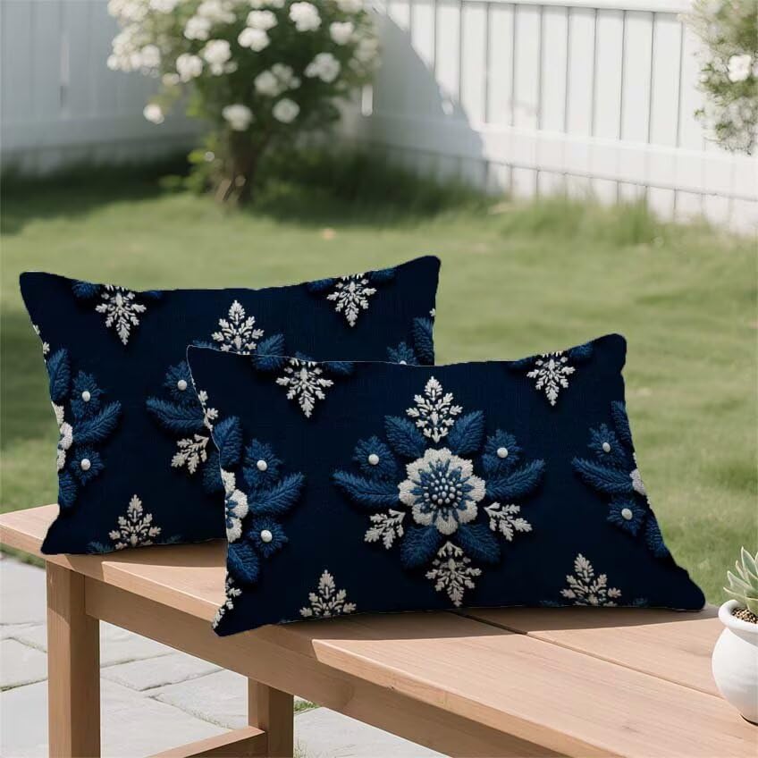 Housse coussin extérieur imperméable 50x70 bleu marine retro lin - 3