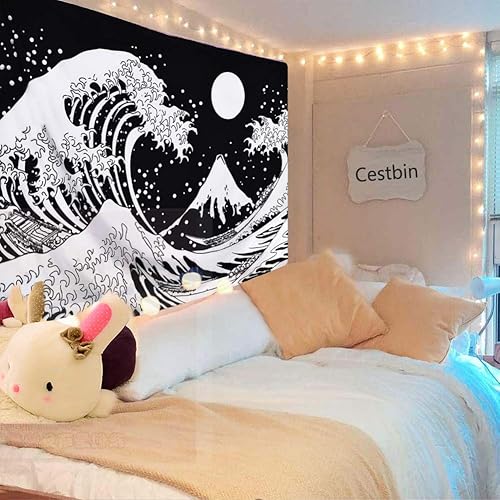 Miniatura 4 de Cestbin Kanagawa - Tapiz japonés de olas del océano, tapiz de la gran ola con tapices de luna, tapiz grande blanco y negro para sala de estar,