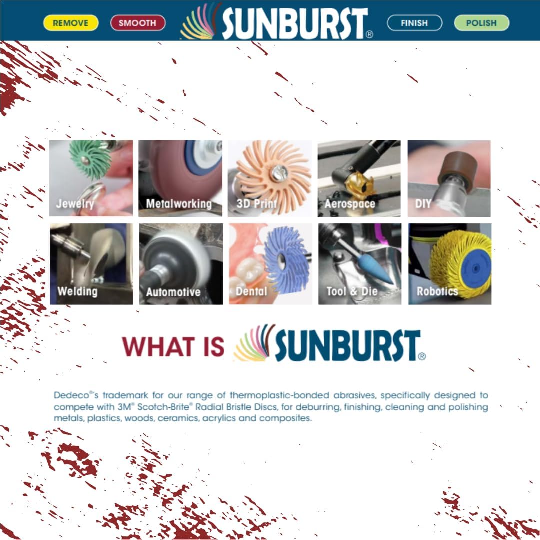 Dedeco Sunburst Points For Rotary Tools - 1/16" (1mm) Shape 138 Points, Red, Precision Cleaning Polishing Deburring Rotary Tool Accessories, Standard 220 Grit, Aluminum Oxide - 12 pieces Per Pack