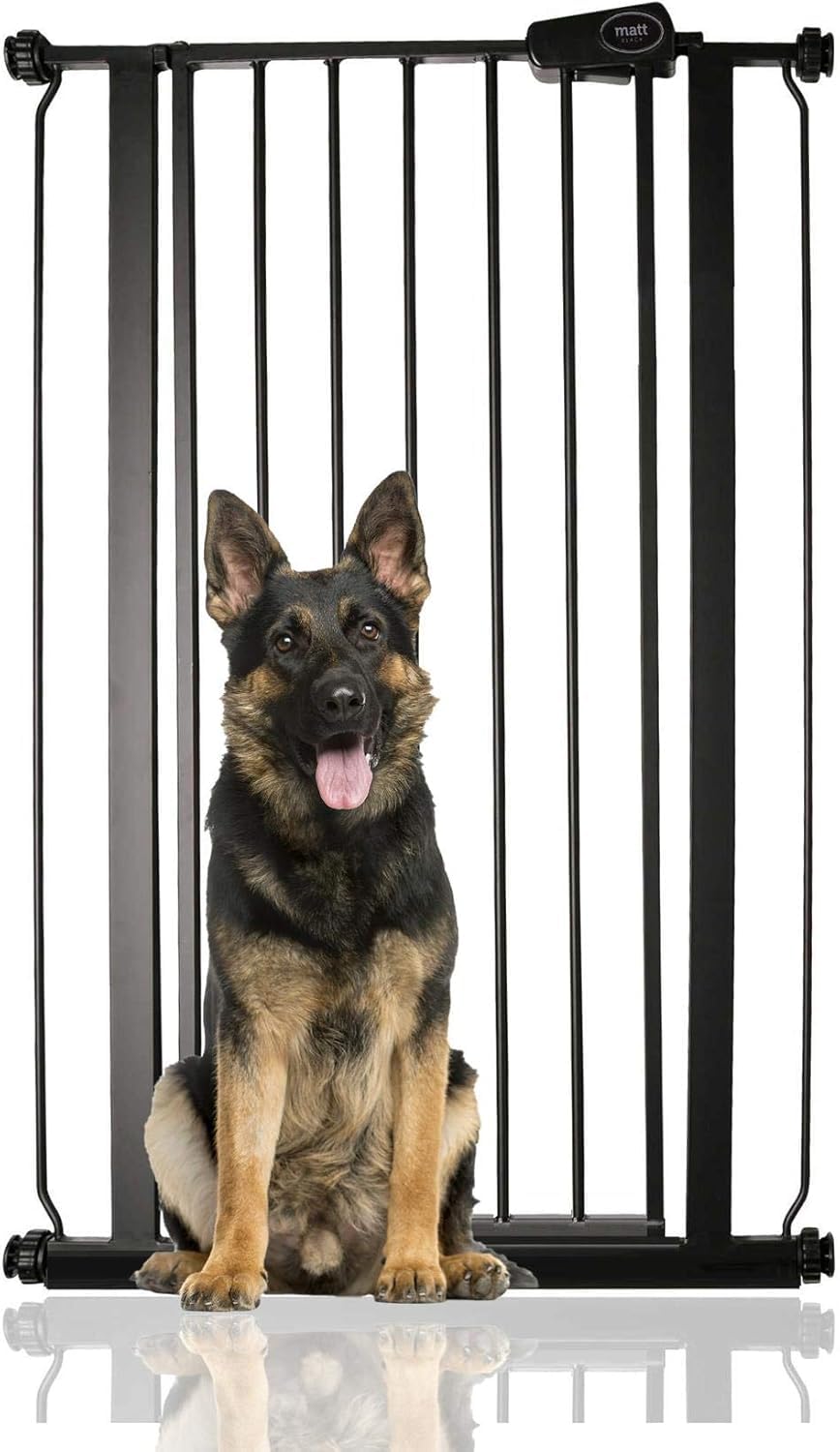 Bettacare Barreras de Seguridad estrechas para niños y Mascotas, 68.5cm - 75cm, Negro Mate, Puerta Extra Alta de 104cm de Altura, Barrera de presión para escaleras