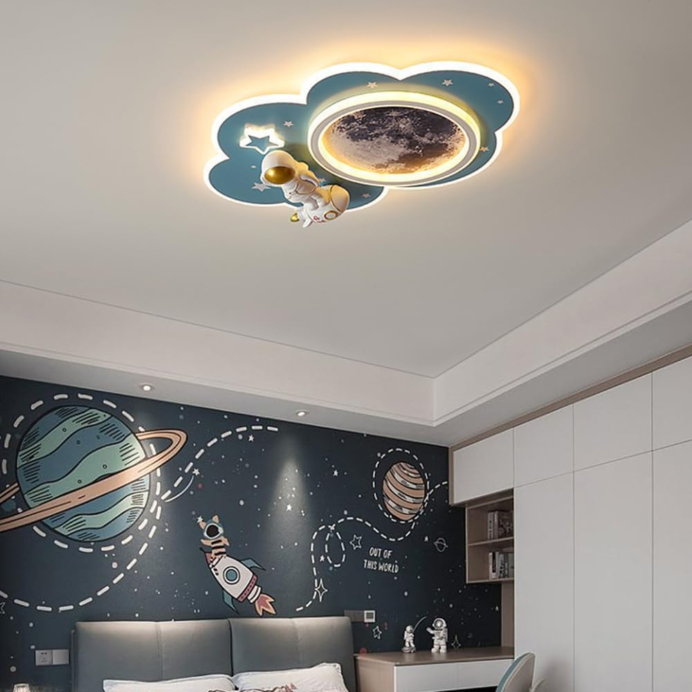 Ceiling Light Compatible with Bedroom Boys Girls Nursery Ceiling Light Fixture 66W Dimmable Led Ceiling Light Round Moon Rocket Astronaut Semi Flush Mount Ceiling Light,Chandelier (Blu)