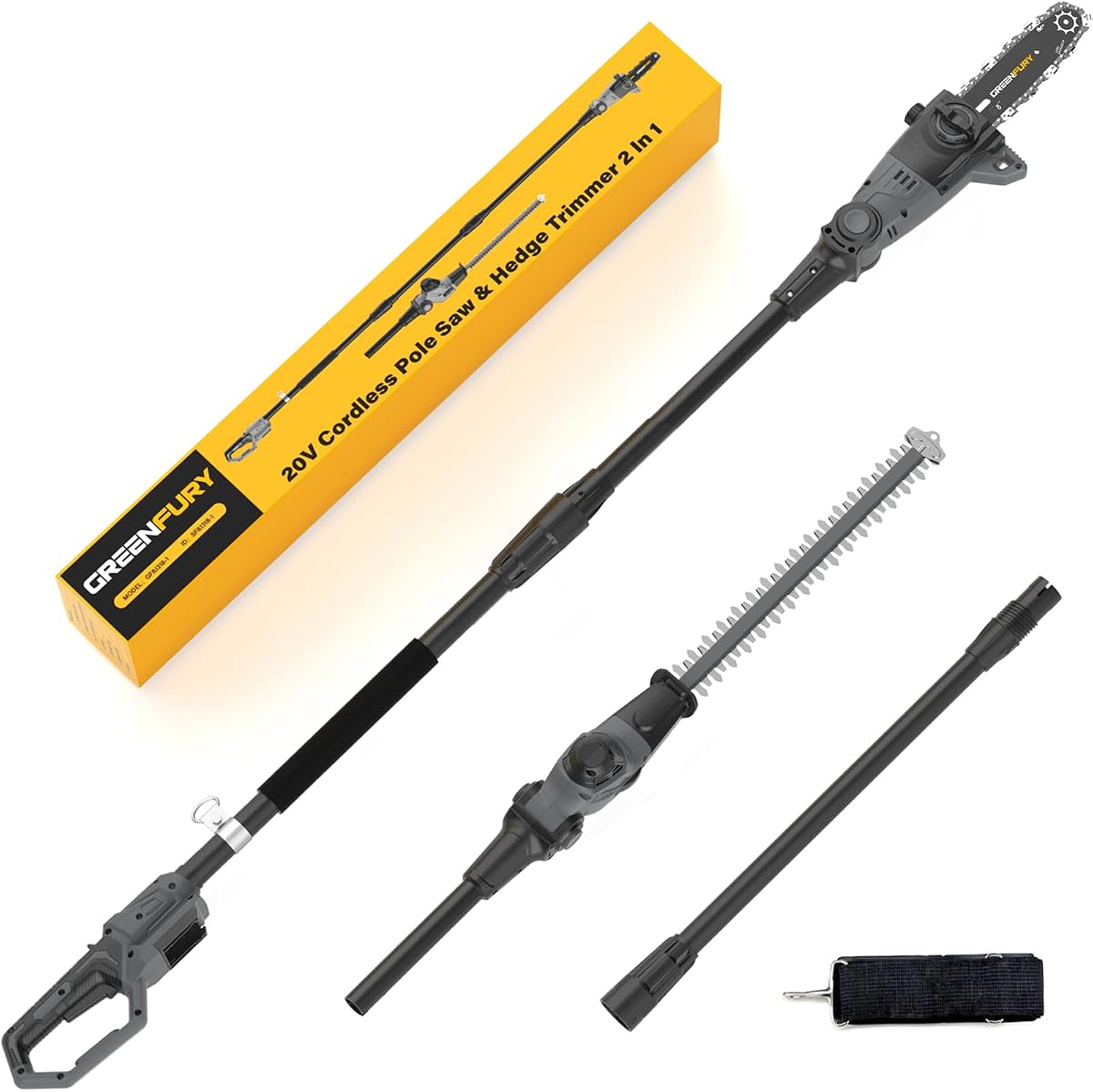 2-in-1 Pole Saw & Hedge Trimmer Compatible with Dewalt 20V MAX (Tool Only) | 18" Dual-Action Blade, 8" Saw Attachment, Up to 14 FT Reach, Ideal for High Branches & Yard Care
