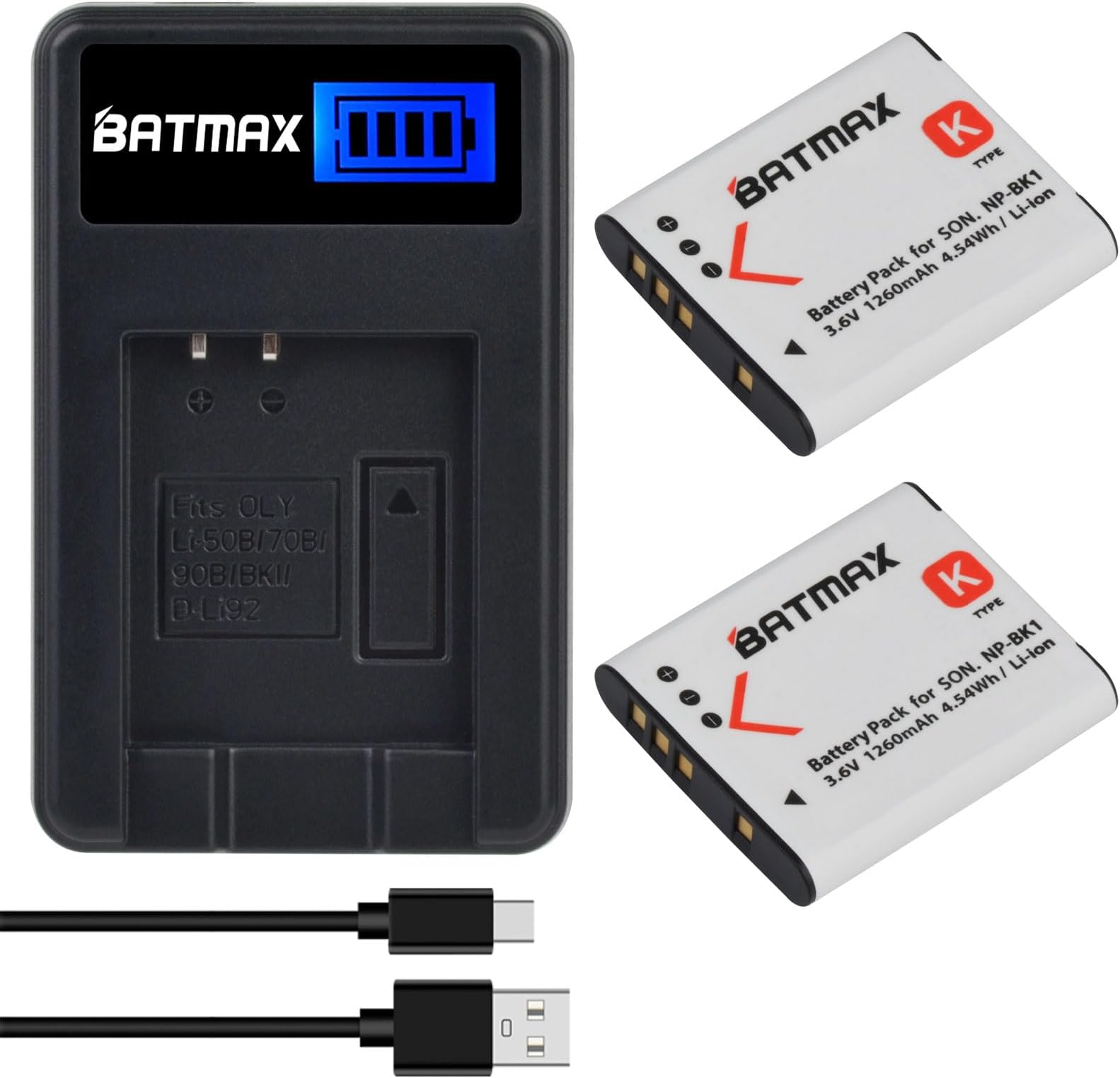Batmax 2X NP-BK1 NP-FK1 Battery + Quick LCD Charger for Sony NP-BK1,Cybershot DSC-W180, DSC-W190, DSC-W370, DSC-S750, DSC-S780, DSC-S950, DSC-S980, Webbie MHS-CM1 HD, MHS-PM1