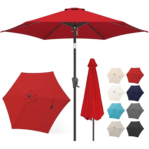 FLAME&SHADE 7.5ft Patio Umbrella - Outdoor Umbrella with Push Button Tilt and Crank for UV Protection, Table Market Umbrella for Garden, Deck, Backyard, Pool and Beach(Red)