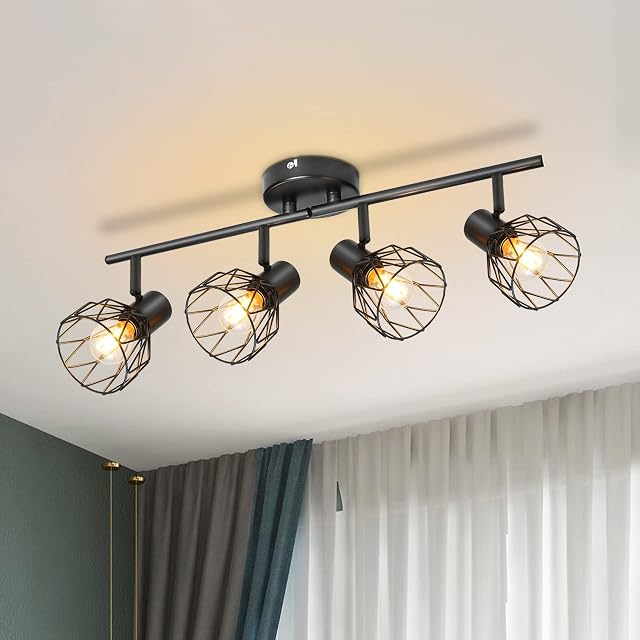 Kimjo 4 Way Ceiling Spotlight Rotatable, Spot Light Ceiling Black Wire Cage Wall Spot Bar Lighting Industrial, Kitchen Ceiling Lighting Indoor for Lounge Bedroom Hallway, E14 Base (No Bulbs)