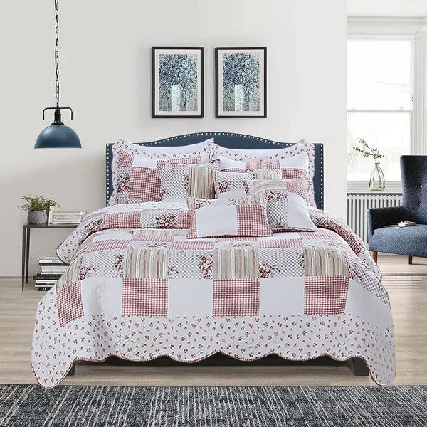 OZMIC Patchwork Quilt Bedspread Super King Size Bed - 3 Pcs Box Pattern Thick Cotton Filling Bed Warmer Large Blanket Bed Spread With Quilt Fabric 2 Pillowcase - Maison — image 1