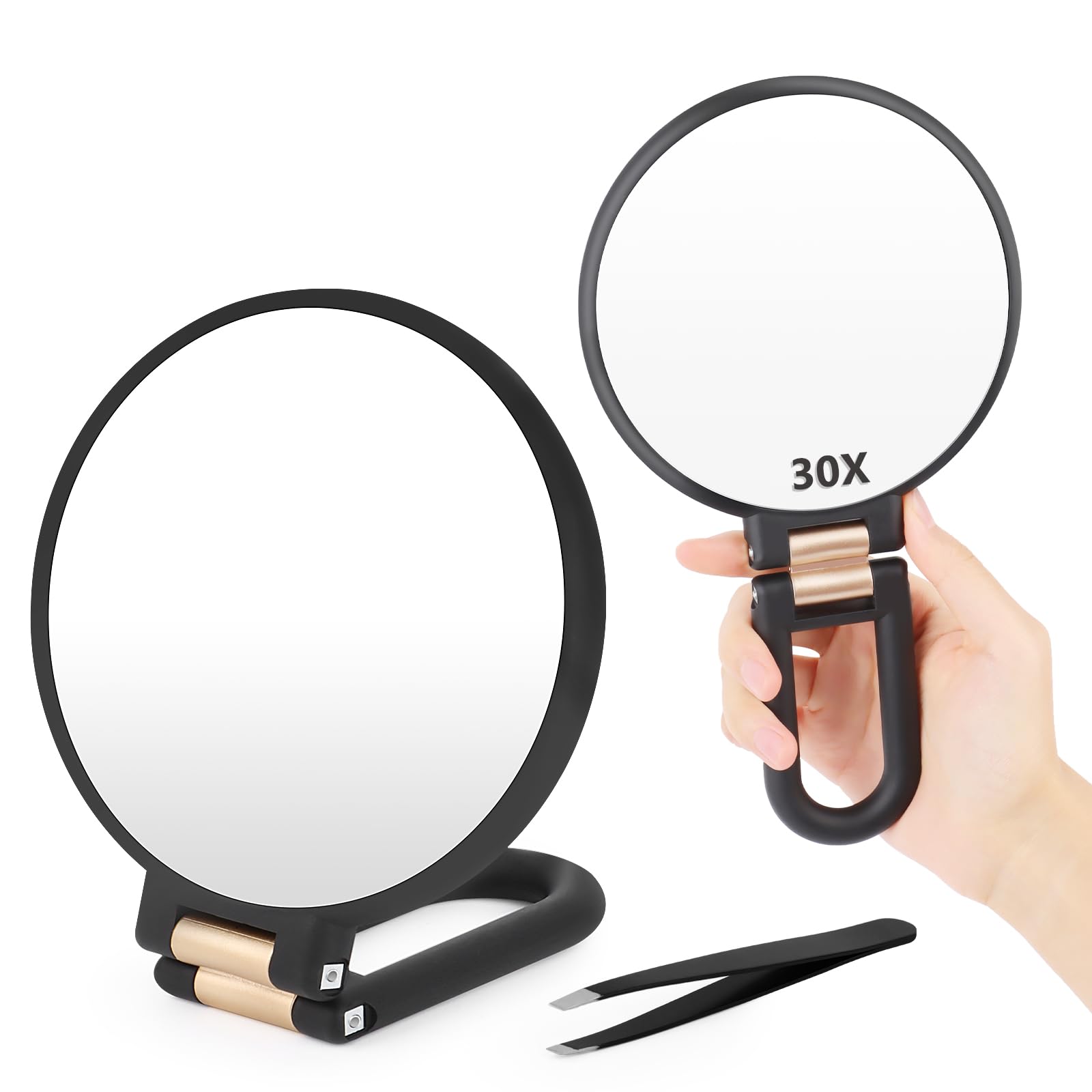 VMUTGA Specchio Ingrandimento Bilaterale 30x/1x, Specchio da Mano, da Tavolo e da Parete, Comodo Specchio Pieghevole da Viaggio per Cosmetici, con Pinzette