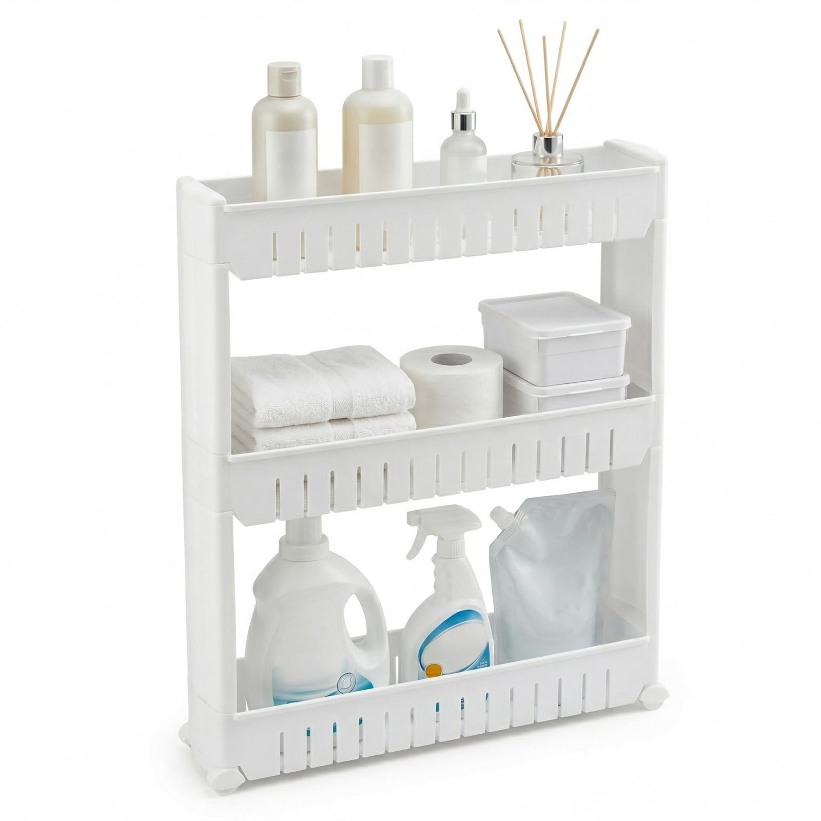 SUNNYNEST 3 Tier Storage Trolley on Wheels, Slim Narrow Rolling Storage Cart with Sliding Shelves, Space Saving Storage Unit for Kitchen, Bathroom, Bedroom and Office