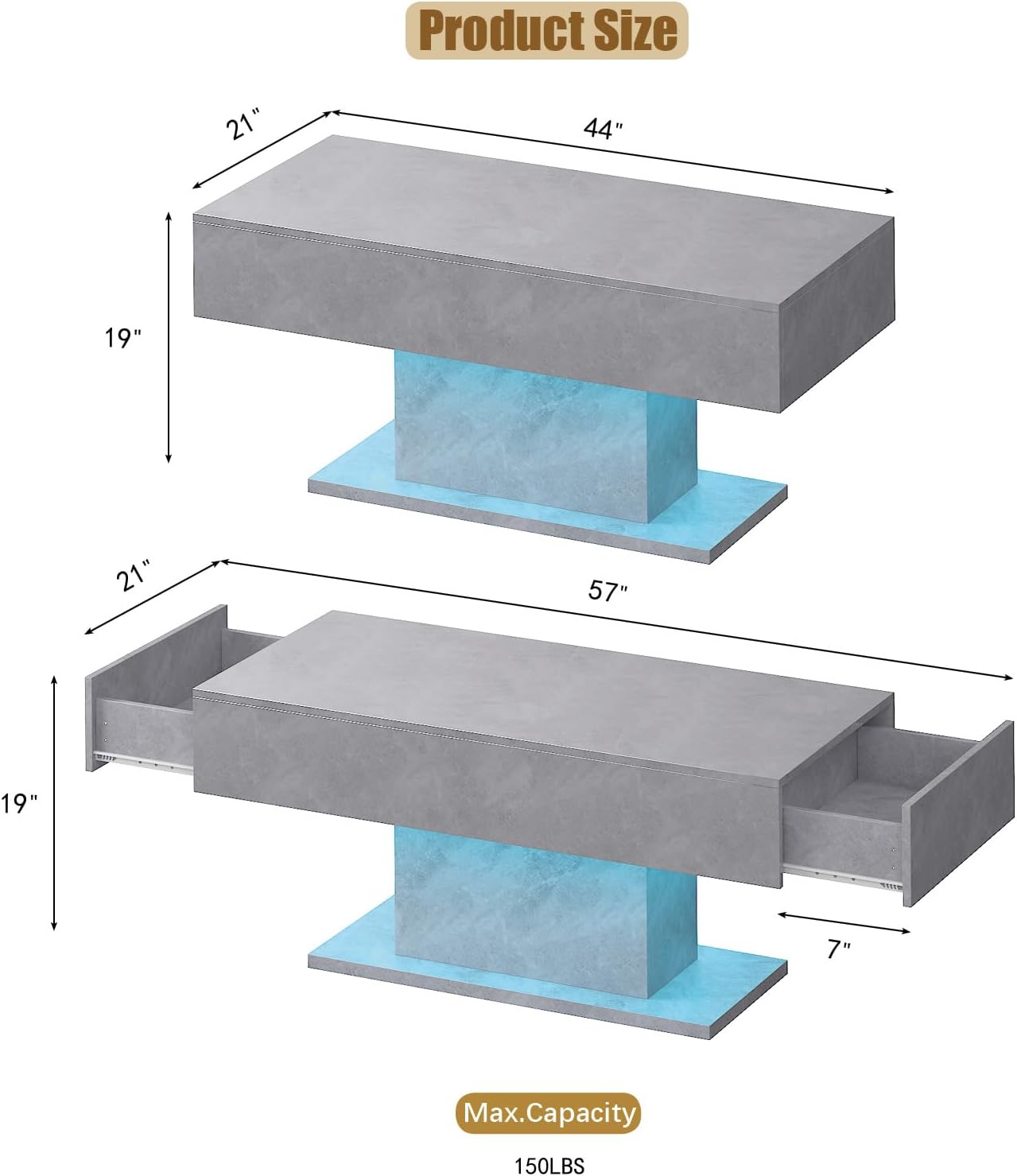 Led Coffee Table for Living Room, Living Room Table Rectangular Center Table, Modern Wooden Coffee Tables with 16 Colors LED Lights for Dining Reception Room (Grey with 2 Drawers)