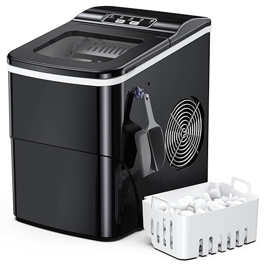 Ice Maker Countertop Ice Machine a Glace 6 Minutes Ice Making, 24H/33lb Ice Cube Maker Low Noise Operation with Self-Cleaning Function Black Ice Machine for Home, Party or Camping