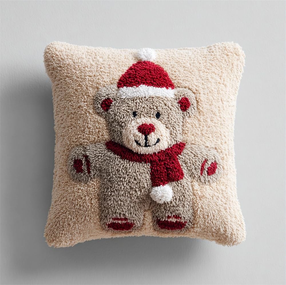 FWRTYCB Latch Hook Pillow Kit Christmas Bear Crochet Yarn Hooking Pillowca