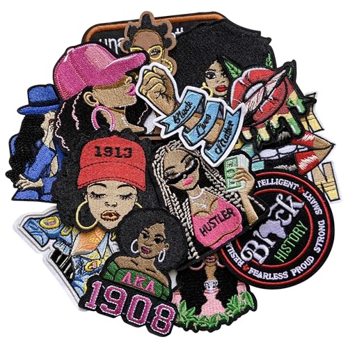 Image of 15Pcs Black Girl Magic Iron on Patches, Afro Girl Embroidered Applique Patches for Clothes, Hats, Jeans, Jackets, Backpacks, Dress