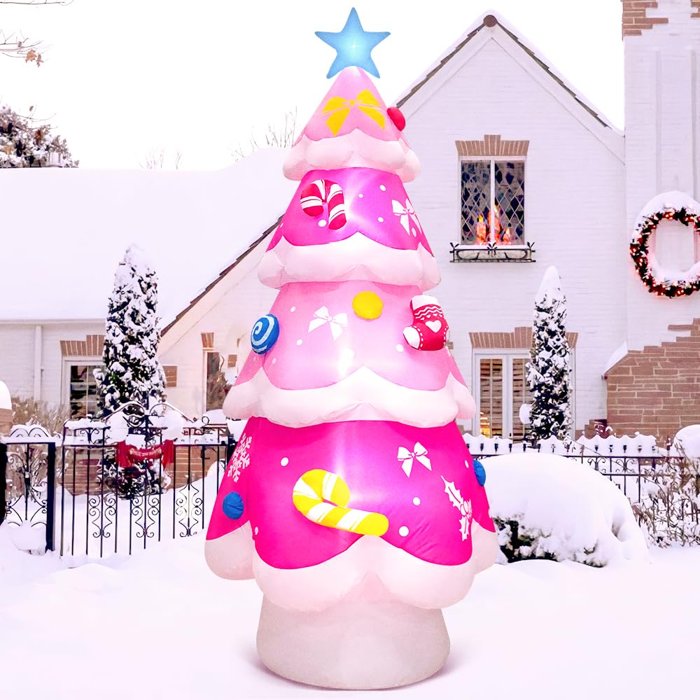 KOOY 7FT Christmas Inflatable Outdoor Decoration, Christmas Pink Tree Outdoor Blow up Yard Decorations with LED Light Up for Xmas New Year, Winter Outdoor Xmas Decor for Yard Holiday Party Lawn Décor