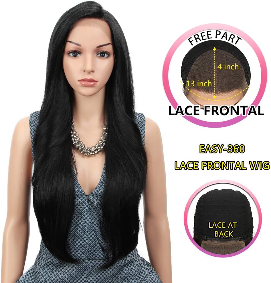 Joedir28" Long Straight 13x4 Lace Frontal Wigs for Black Women Free Part Lace Front Wigs with Baby Hair Natural Hairline Black Root Easy-360 Synthetic Hair Wig Heat Resistant Fiber (Jet Black)