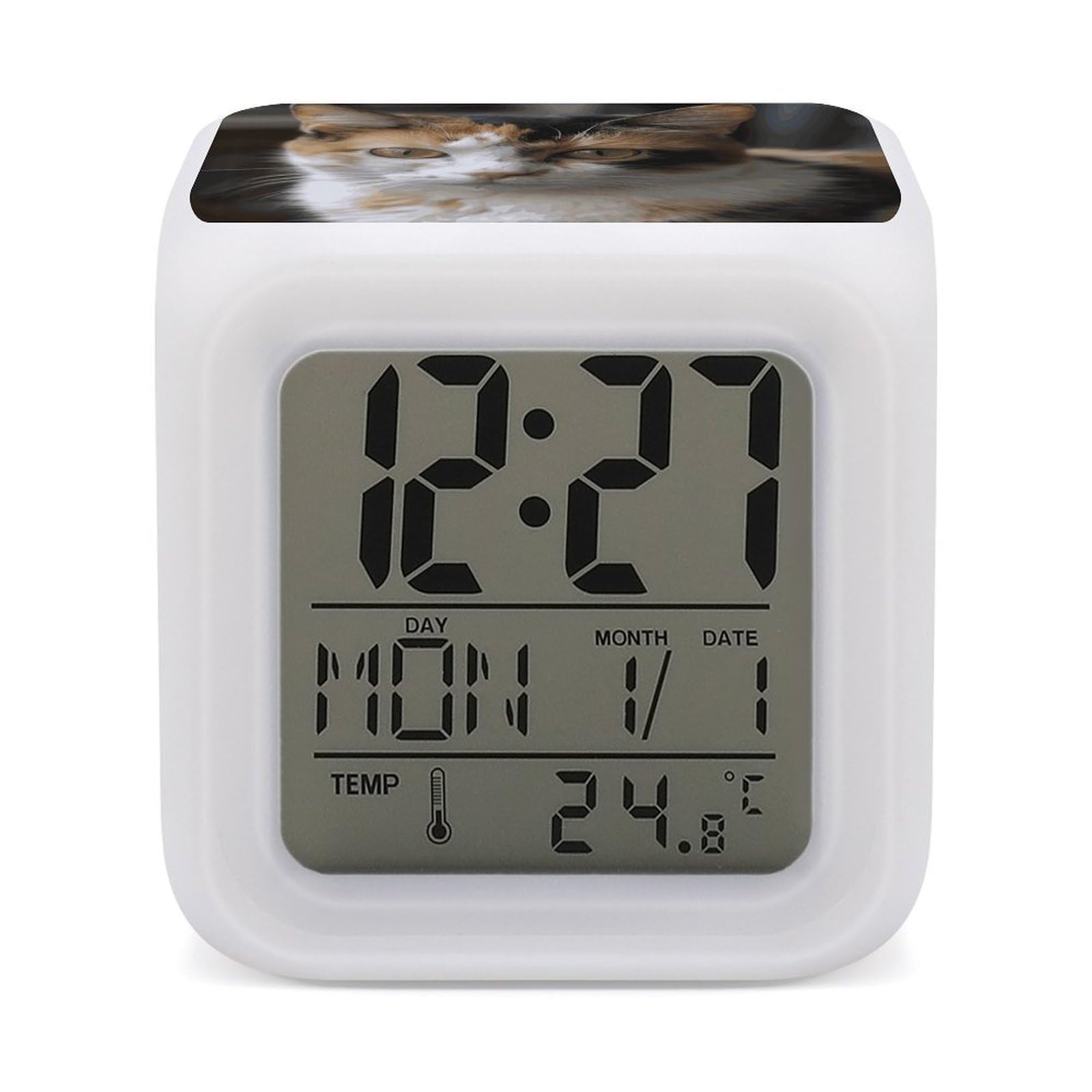 VstaDank A Cat Alarm Clock with 7 Color Changing Night Light Date Temp Display Wake Clocks LED Display Digital Clock Electric Desk Clocks for Living Office Bedroom Decor