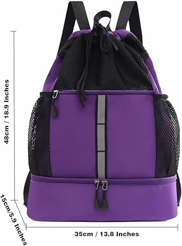 Miniatura 2 de Mochila con cordón, bolsa de gimnasio deportiva resistente al agua con bolsillo húmedo, compartimento para zapatos y bolsillos para botella de agua,