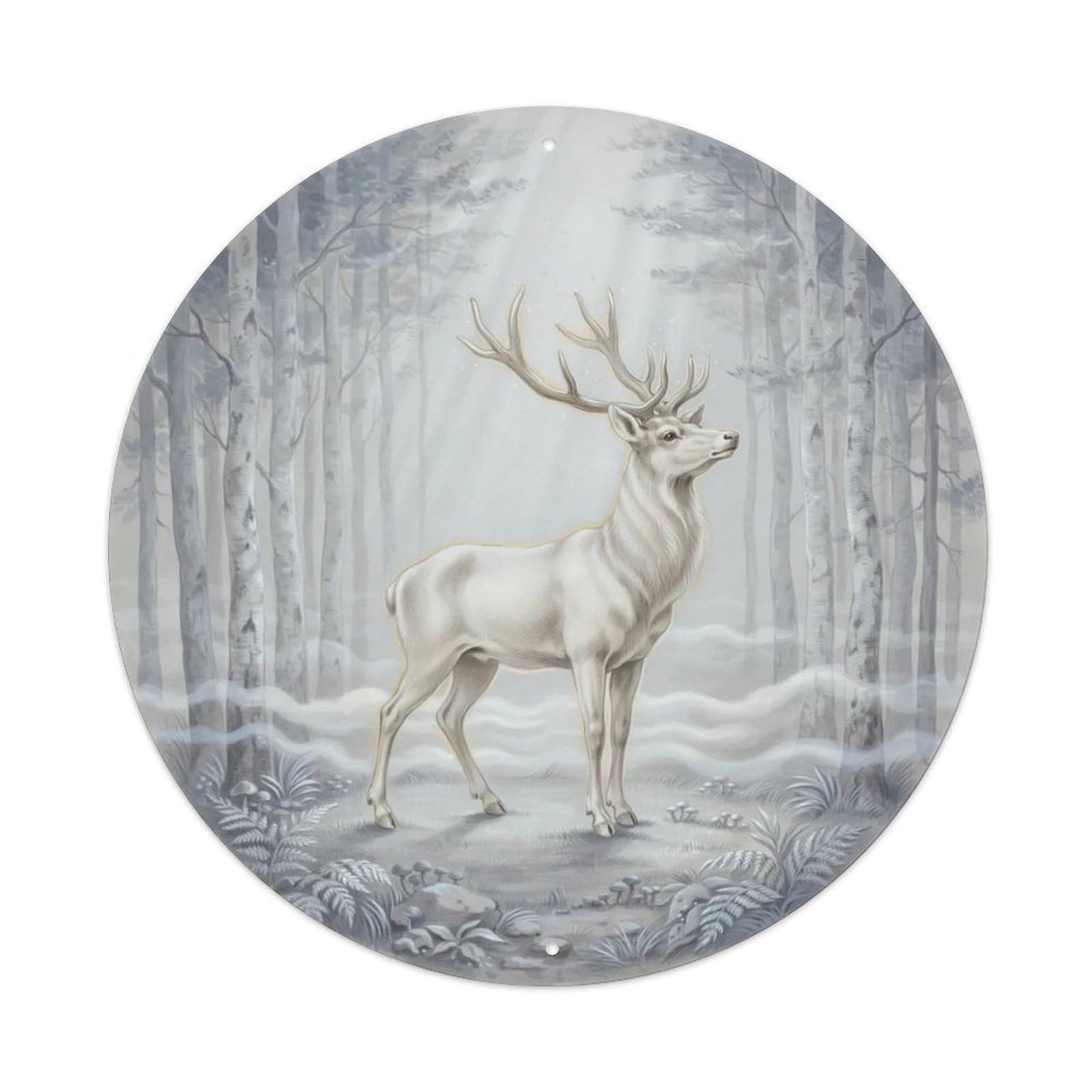 Vintage White Deer Misty Forest Metal Tin Sign Plaque