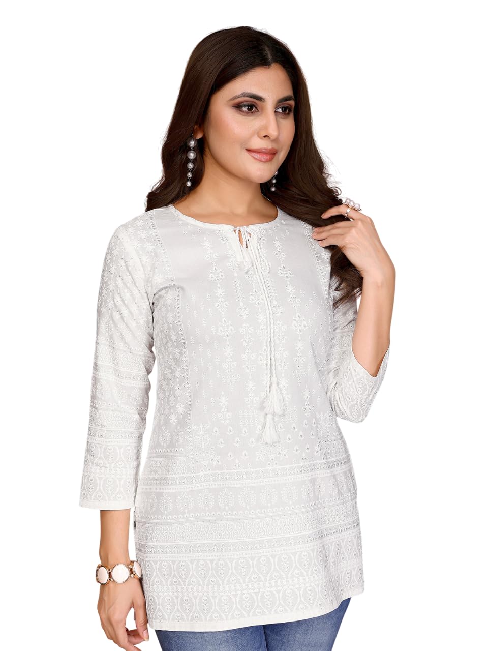 rangita Kurta Kurti Viscose Straight Embroidered Short Length White, White, L