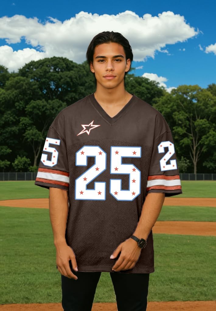 Jersey Shirts for Men Oversized Number Graphic Tees V Neck Y2k Jersey Vintage Streetwear Short Sleeves Tops Brown - Image 2