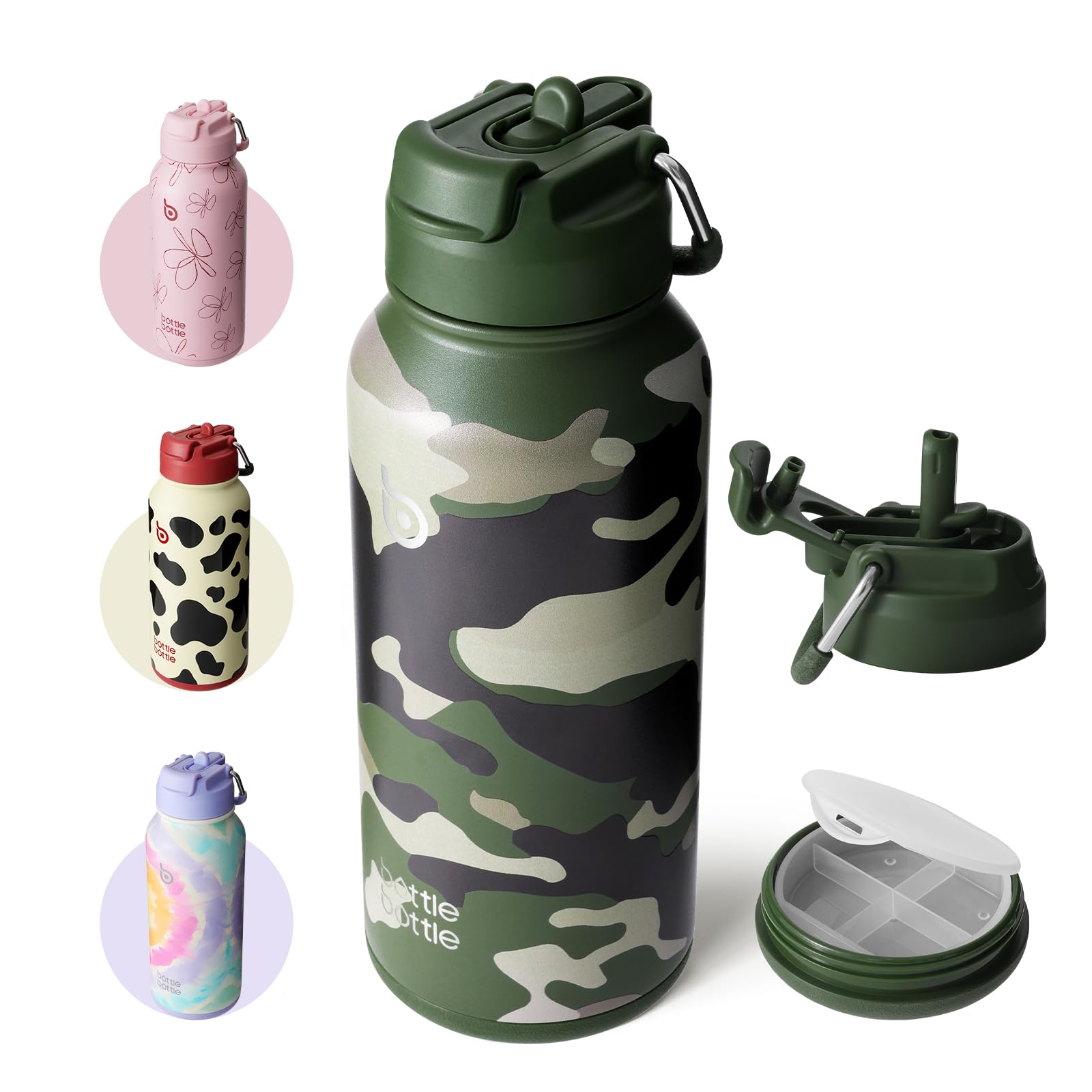BOTTLE BOTTLE 32oz Insulated Water Bottle Stainless Steel Sport Water Bottle with Straw Dual-use Lid Design for Gym with Pill Box (Jungle camo)