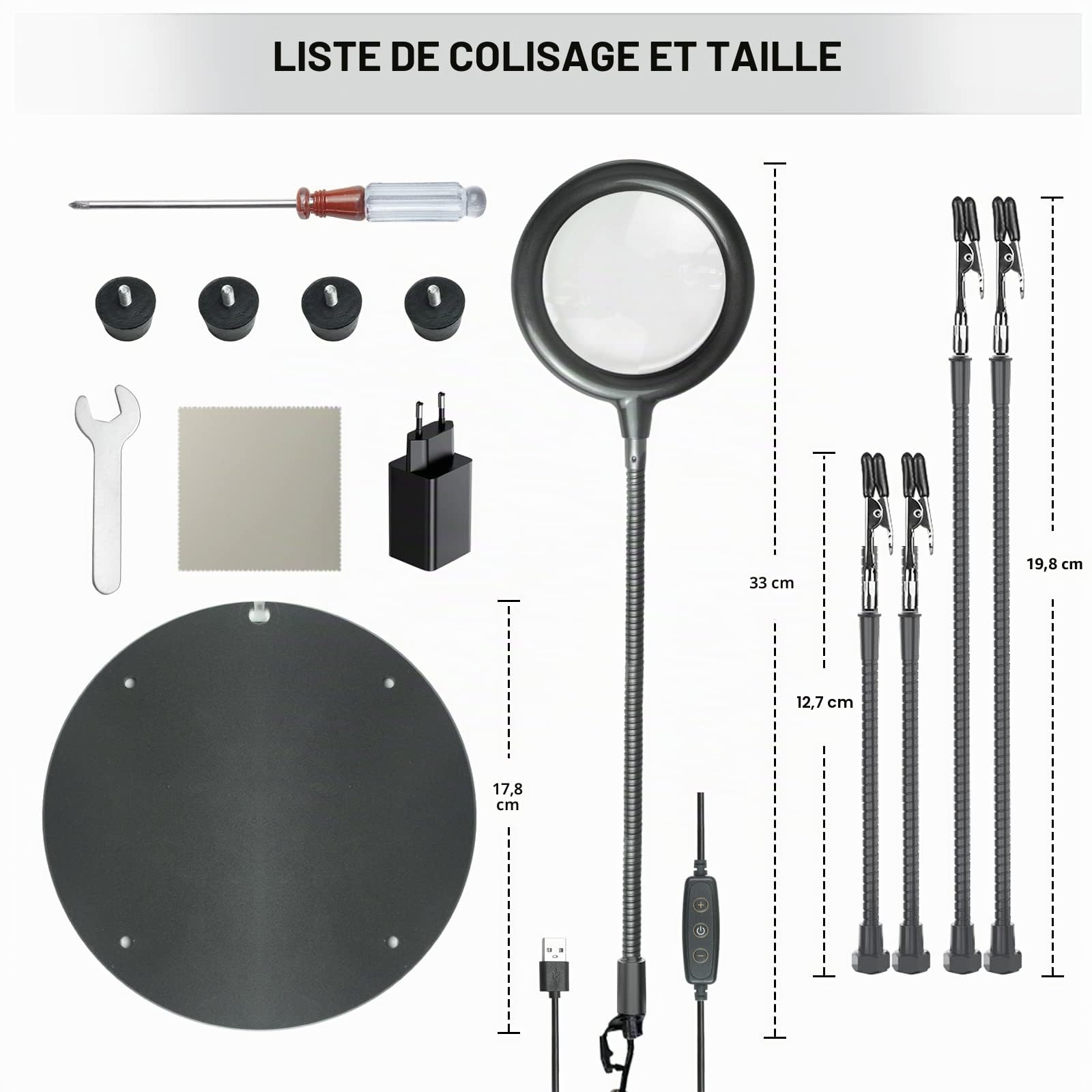 Loupe avec lumière à souder à la troisième main -Grossissement 3X -Lumière du jour -Avec lumière -Avec 28 LED à intensité variable-Base robuste-4 bras flexibles - Pour bricoler, souder, loisirs