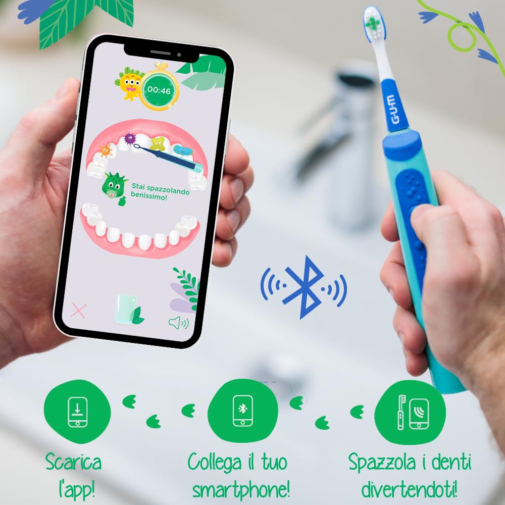 GUM Playbrush KIDS 3+ spazzolino elettrico | app di gioco interattiva | 2 modalità di spazzolamento | setole extra morbide | batteria a 8 settimane | 1x spazzolino ricaricabile | 2 testine extra | Blu