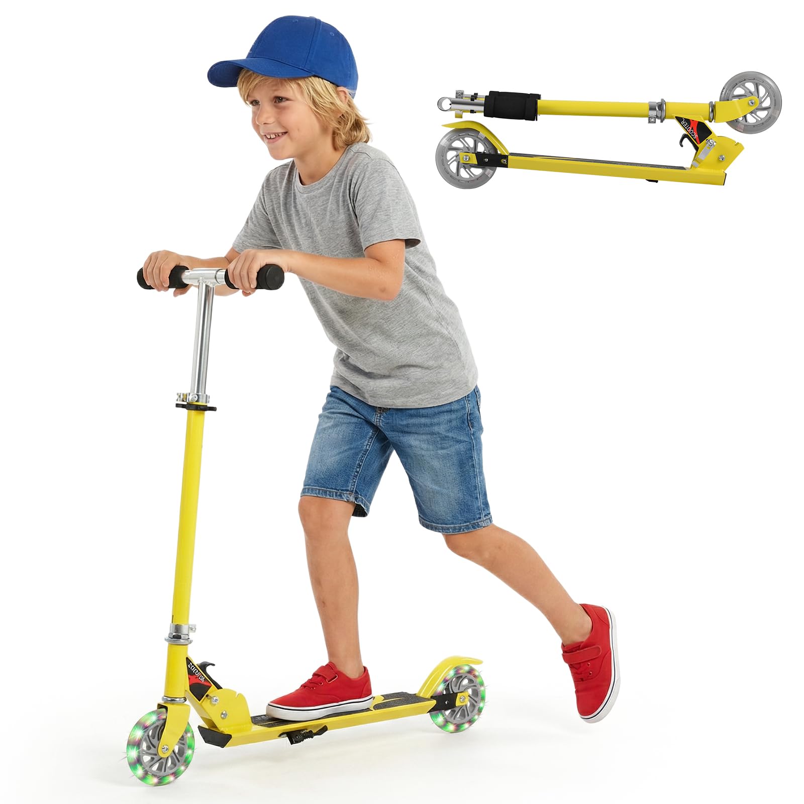 COSTWAY Children's Scooter, 4 to 13 Years, Scooter Roller with 2 LED Wheels, Adjustable Height, Folding Scooter up to 70 kg