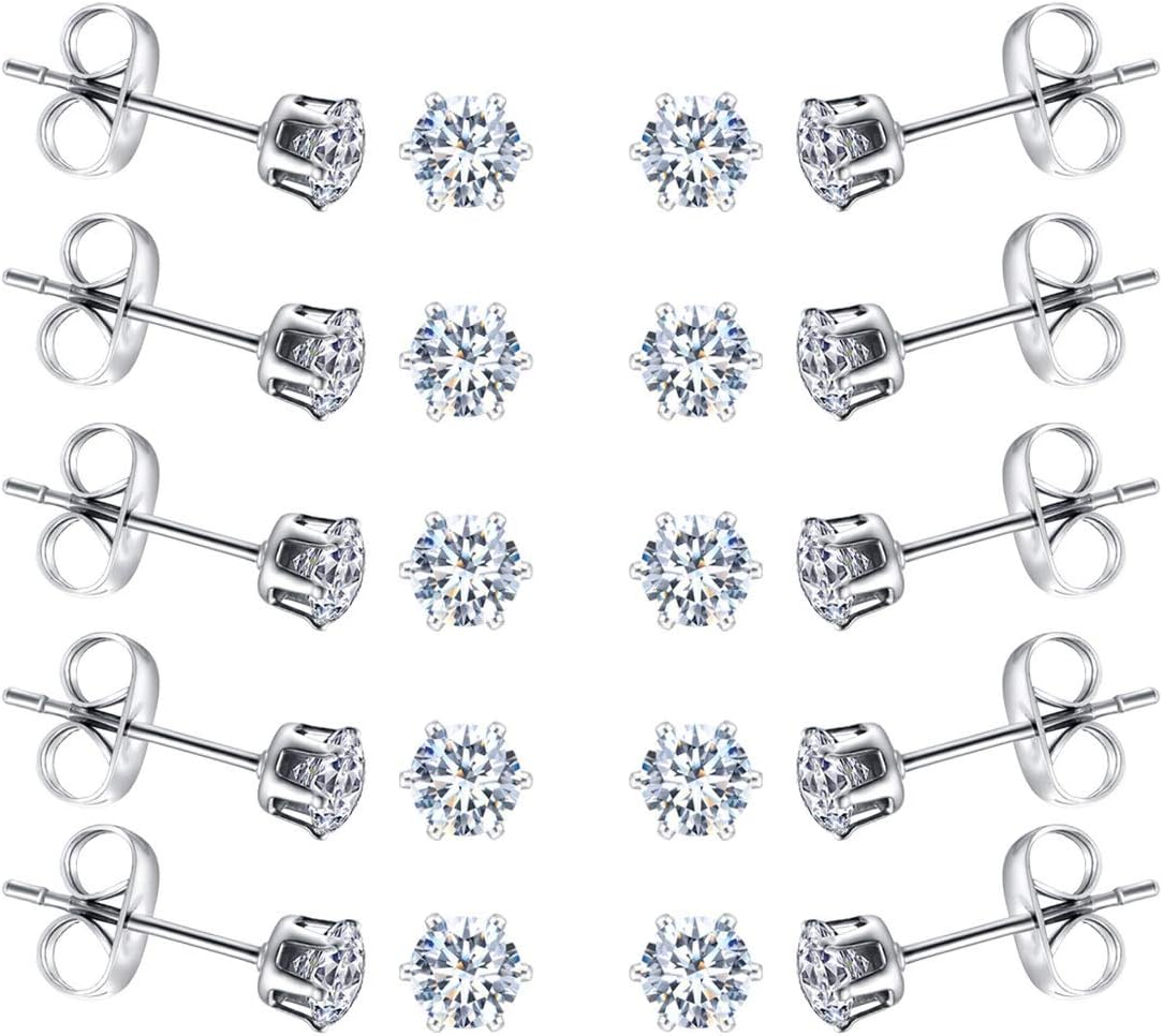 10 Pairs Tiny Womens Surgical Stainless Steel Clear Cubic Zirconia Stud Earrings, Hypoallergenic 316L Earrings Set