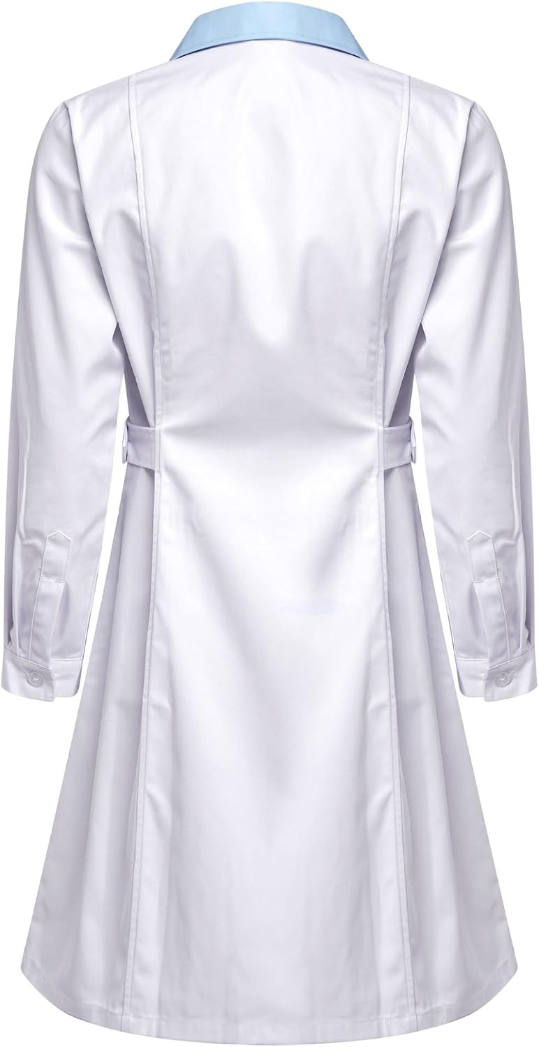 Women's Long Sleeve Button Front Hospital Nurse Doctor Scrub Dress Lab Coat Uniform Dress
