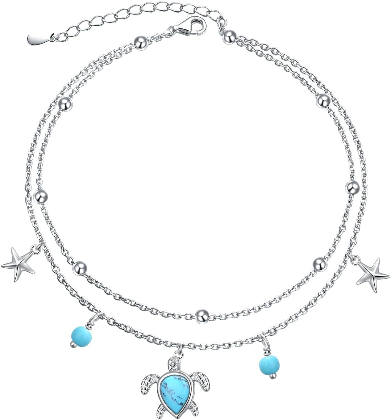 S925 Sterling Silver Elegant Foot Chain Beads Charm Boho Beach Double Layer Anklets Bracelet for Women Teenager Girls Adjustable 9 to 10.5 inches