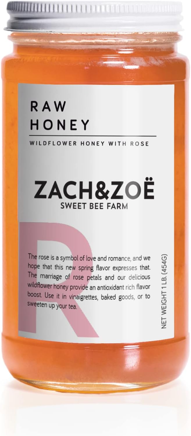 Unfiltered Raw Honey by Zach & Zoe Sweet Bee Farm โ (1) 16 Ounce Jar of Wildflower Honey with Rose - Pure Farm Raised Honey with Powerful Anti-oxidants, Amino Acids, Enzymes, and Vitamins!