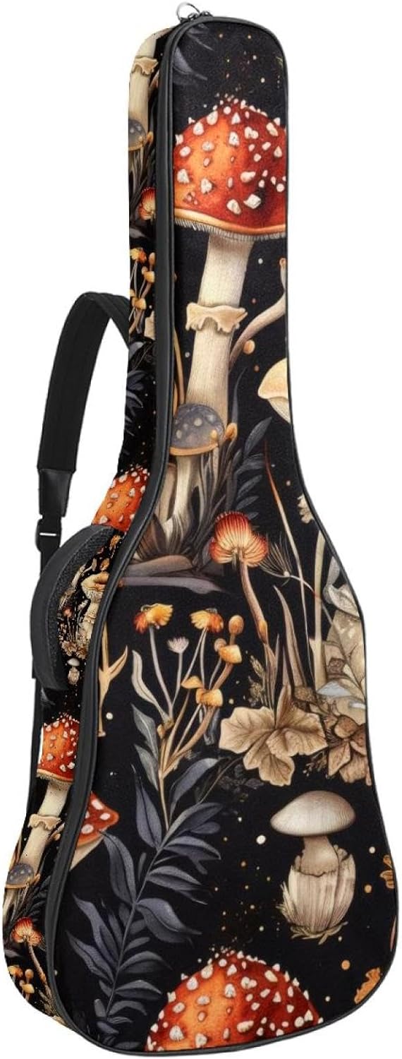 Acoustic Guitar Bag 0.4 Inch Thick Padding Waterproof Guitar Case Gig Bag for 40 41 42 Inch Electric Bass Classical Guitar, Vintage Mushroom and Floral Retro Dark Pattern