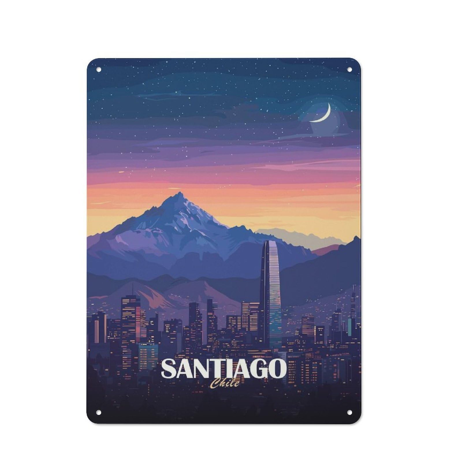 Junmoney Style-16 Santiago, Chile Cityscape At Night Rustic Printed Metal Sign 40X30cm For Bar Or Restaurant, For Bar Decor Enthusiasts