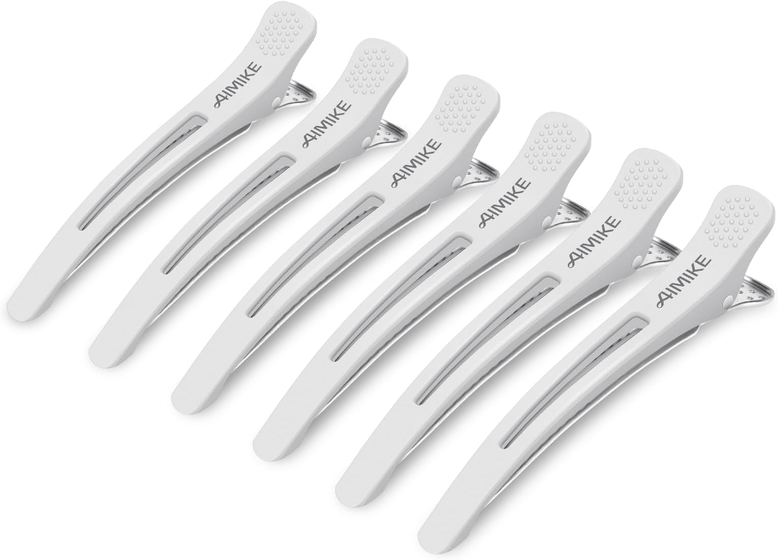 AIMIKE 6pcs Professional Hair Clips for Styling Sectioning, Non Slip No-Trace Duck Billed Hair Clips with Silicone Band, Salon and Home Hair Cutting Clips for Hairdresser, Women, Men - White 4.3” Long