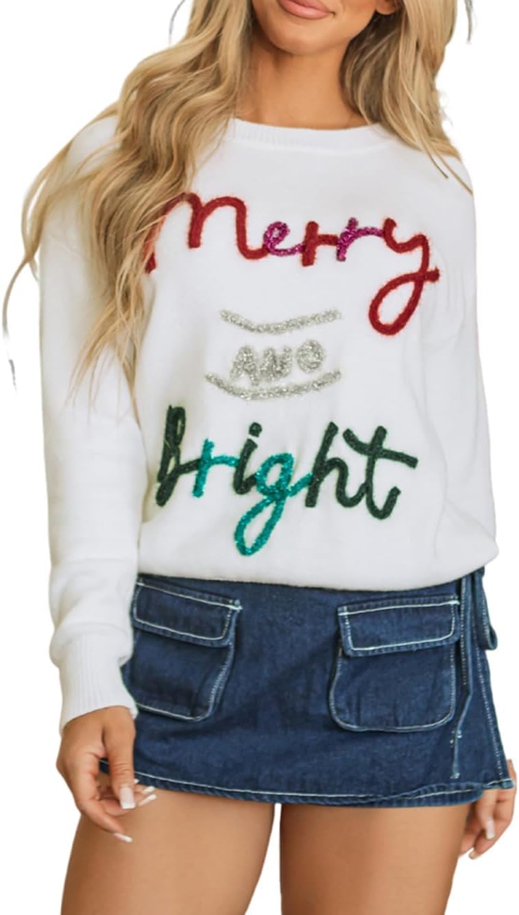 Apvirdy Womens Tinsel Merry and Bright Christmas Sweater Long Sleeve Holiday Sweaters Funny Holiday Graphic Pullover Tops White