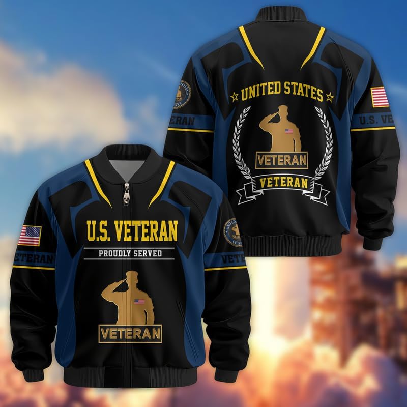 US Veteran Bomber Jacket - Proudly Served Men Military Jacket, Waterproof Coat, Veterans Day Gifts, Father's Day Gift