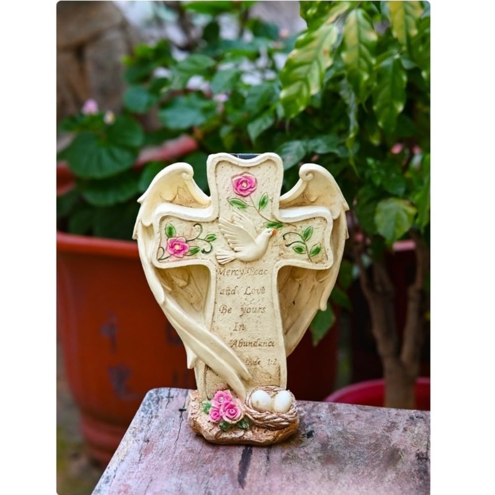 Cruz solar de ala de ángel en resina para decorar el cementerio
