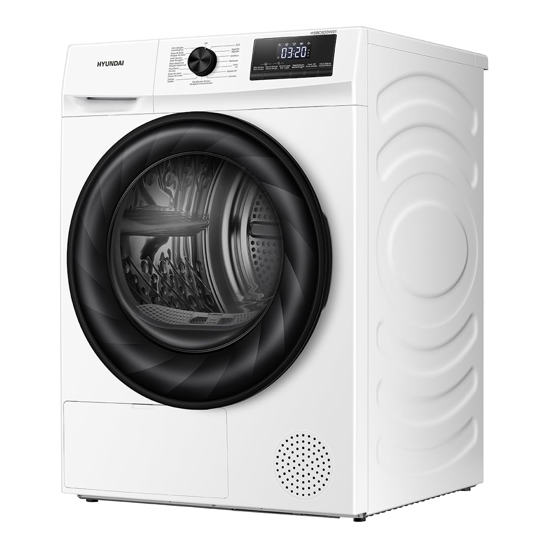 Hyundai Secadora Bomba de Calor, 8kg, Carga Frontal, Blanco, HSBC8DDW01. 650W, 15 Programas, Función Antiarrugas, Tambor Waterdrop, Display LED, Clase D