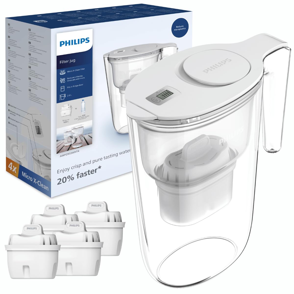 Philips Water Filter Jug +4 Taste+ Replacement CartridgesFast FlowWhite2.6 LitresElectronic TimerPackaging May Vary from B&Q