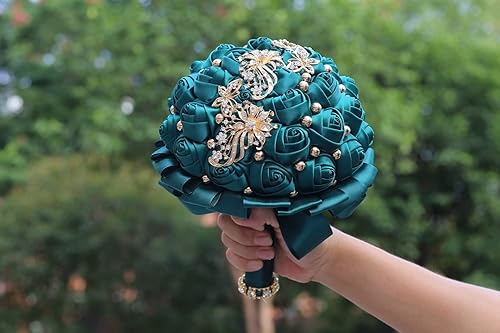 Miniatura 7 de WIFELAI-A Broche de diamantes de imitación dorados, flores de boda, ramos de novia, ramo de novia de cristal, rosas de satén blanco marfil con