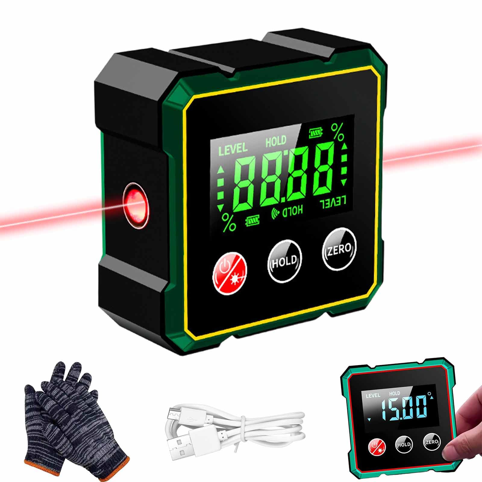 Vérificateur d'angle numérique magnétique avec laser électronique, boîte de niveau numérique de chargement USB, détecteur d'angle numérique avec laser (Black)