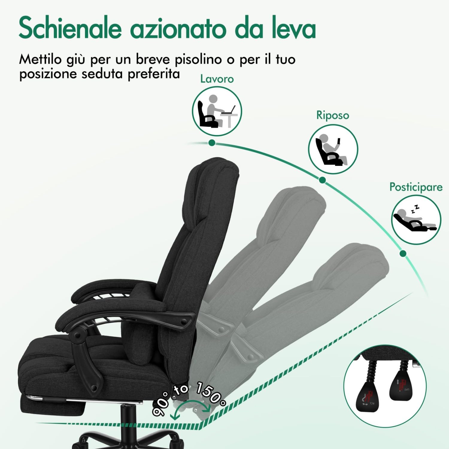 ALFORDSON Sedia Girevole con Poggiagambe Poltrona Direzionale Ergonomica da Ufficio Studio Regolabile con Rotelle, Altezza Regolabile, Supporto Lombare, Portante di 180 kg, Tessuto(Nera)