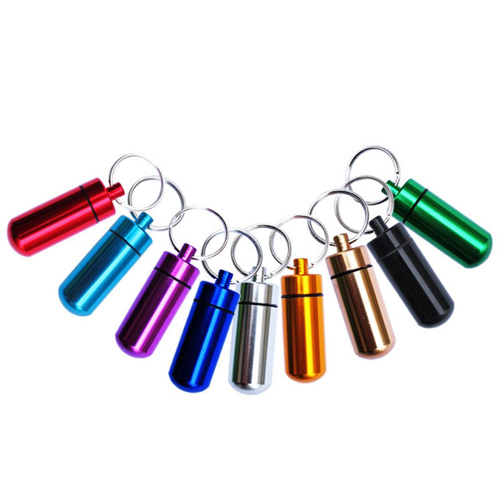 Set of 9 Aluminum Metal Pill Box Case with Keychain - Outdoor Medicine Bottle Key Ring Small First Aid Holder Pill Container
