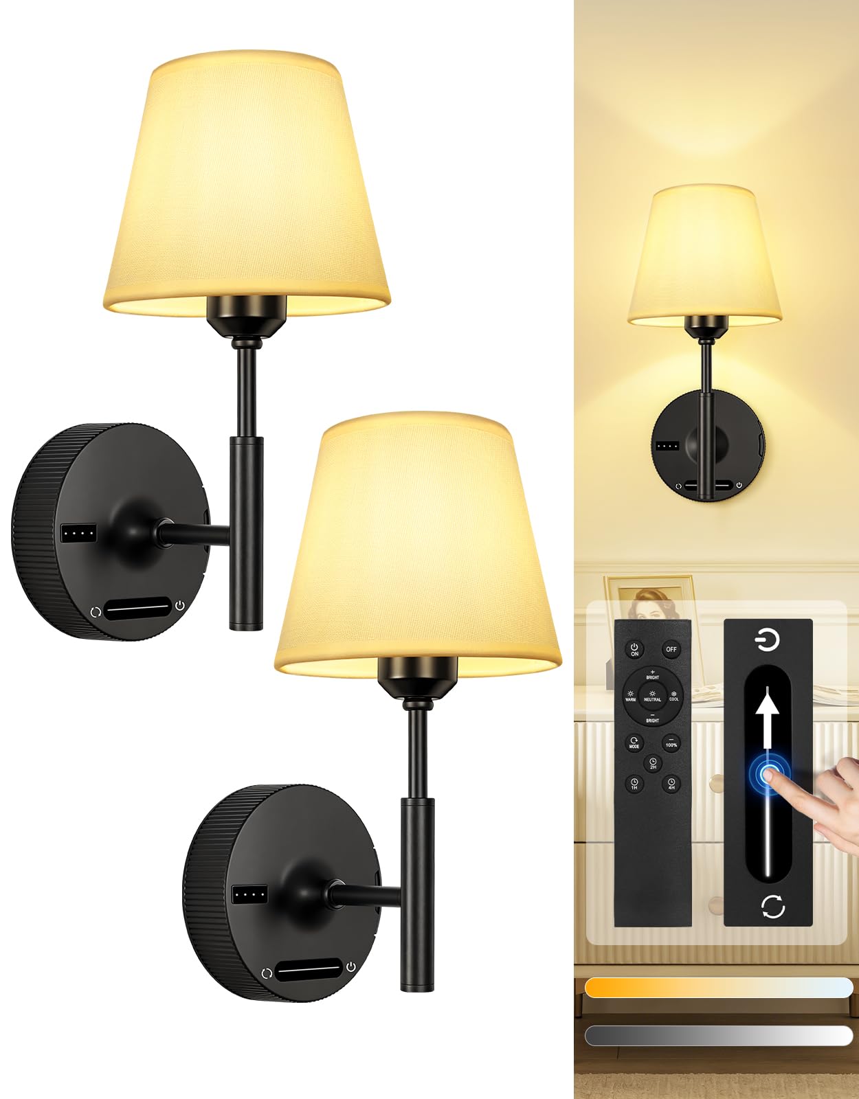 OUTON Applique da Parete Interno, 2 Pezzi Lampada da Parete Senza Fili