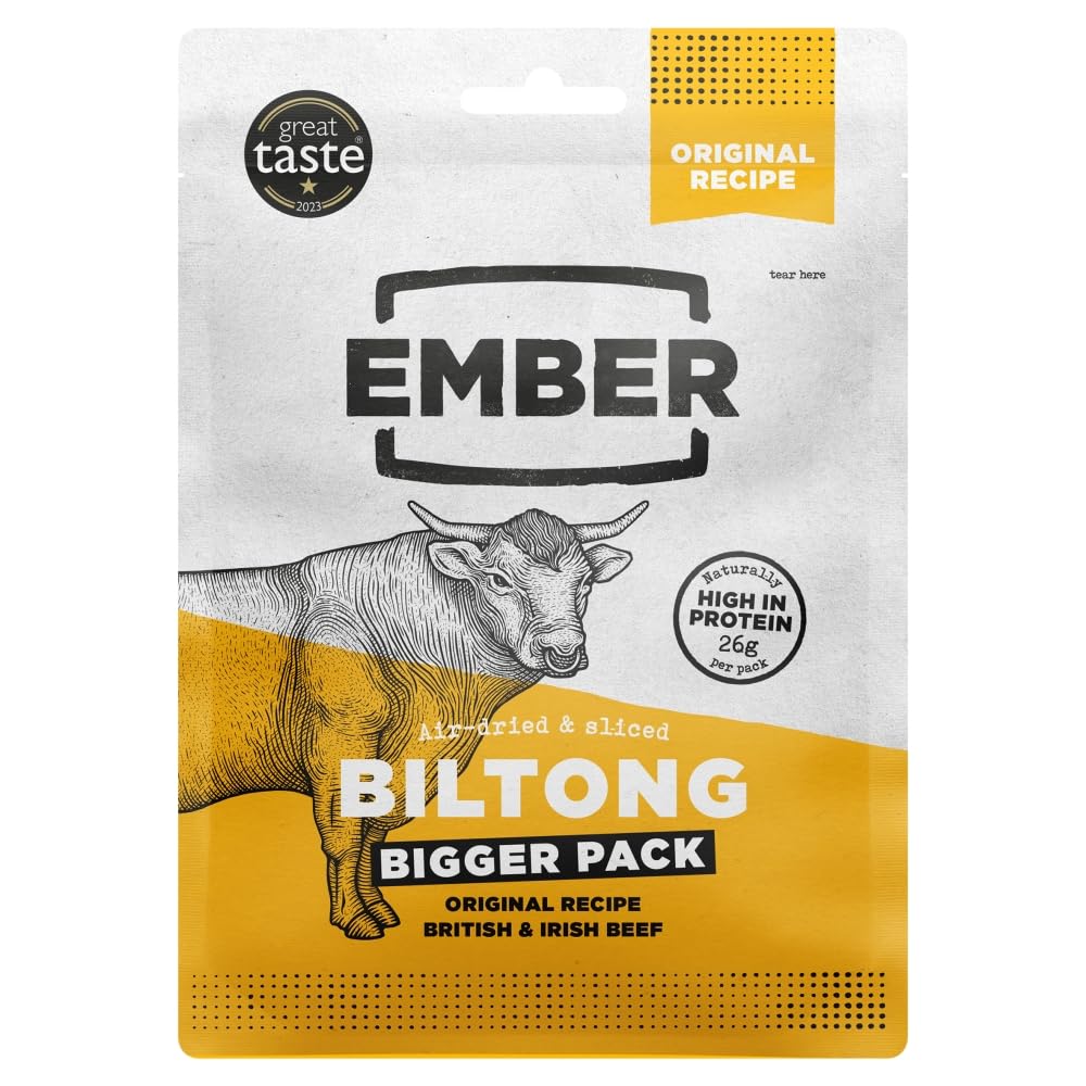 Ember Snacks: Biltong Beef Jerky Saveur Original (10x 25g) / Boeuf séché riche en protéines. Collation à emporter faible en gras & calories/Origine UK et Irlande [Poids peut varier ente 25g et 28g]