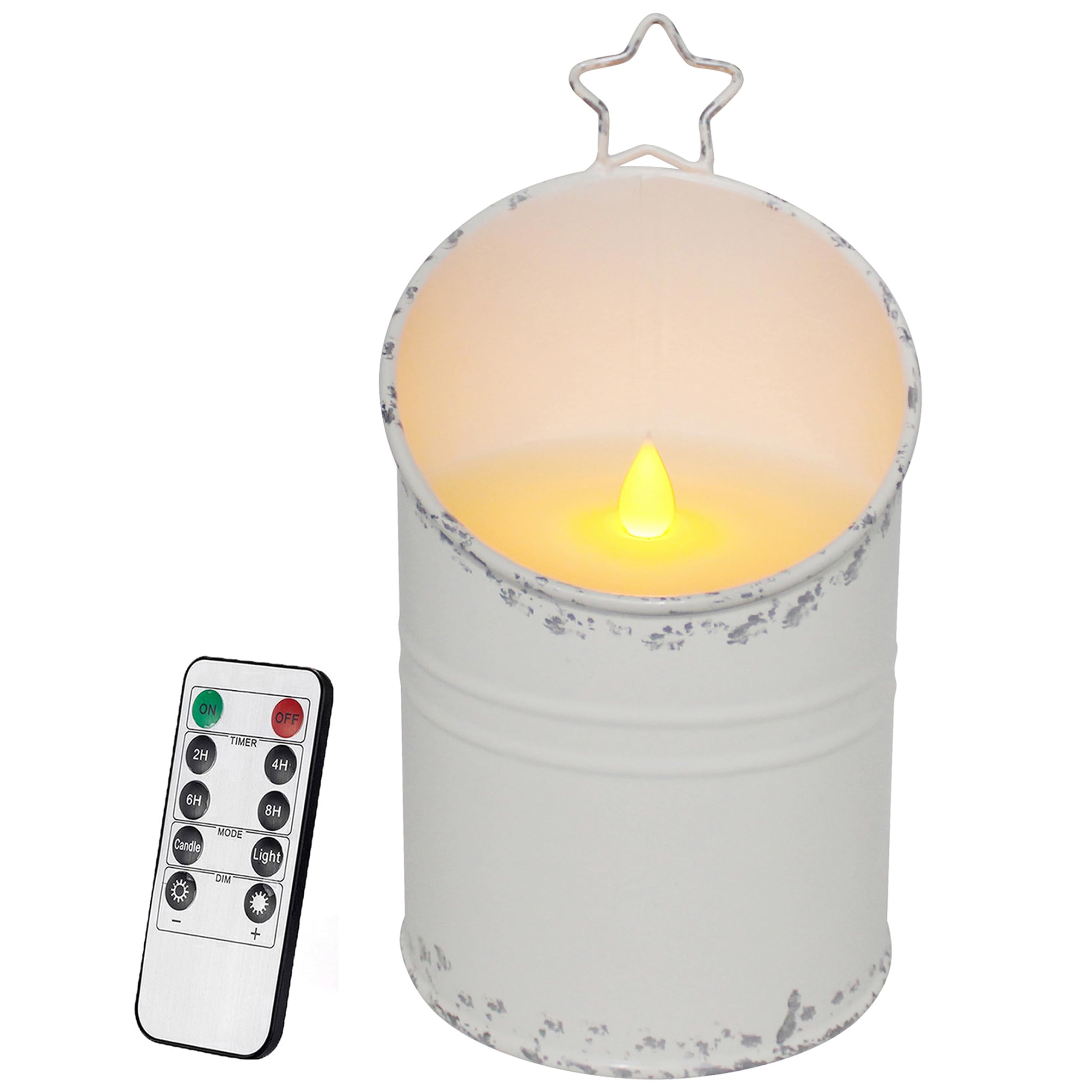 Vela de cera real en jarro galvanizado antiguo CVHOMEDECO con efecto llama parpadeante 7