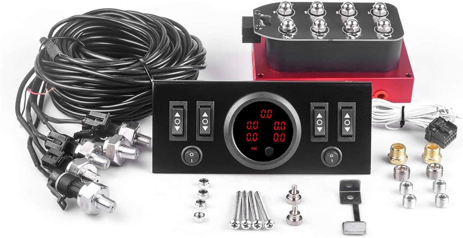 12V Solenoid 8-Valve Air Ride Suspension manifold valve Red with Control Panel Ship Type Switch, equipped with Five display air pressure gauge