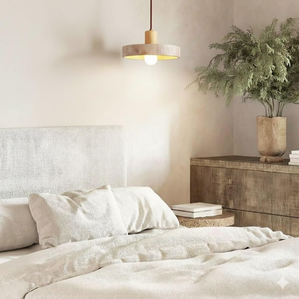 Pendelleuchte aus Japanischem Gelbem Travertin, Hängelampe aus Rundem Naturstein im Nordischen Stil mit Holzdetail Kronleuchter für Kücheninsel Schlafzimmer Nachttisch(Wood)