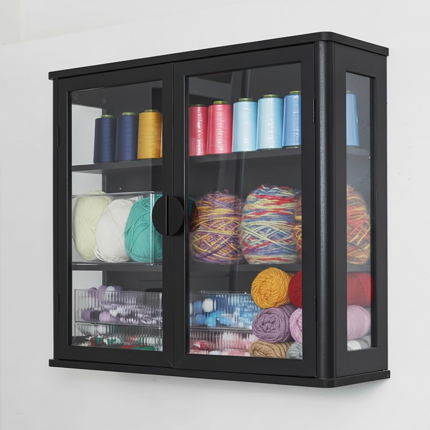 Arts and Crafts Storage Cabinet with Adjustable Shelves Sewing Organizer, Multi-Purpose Sewing Cabinet for Craft Room/Home Office,Floor/Wall Mounted (Black, 28" W)