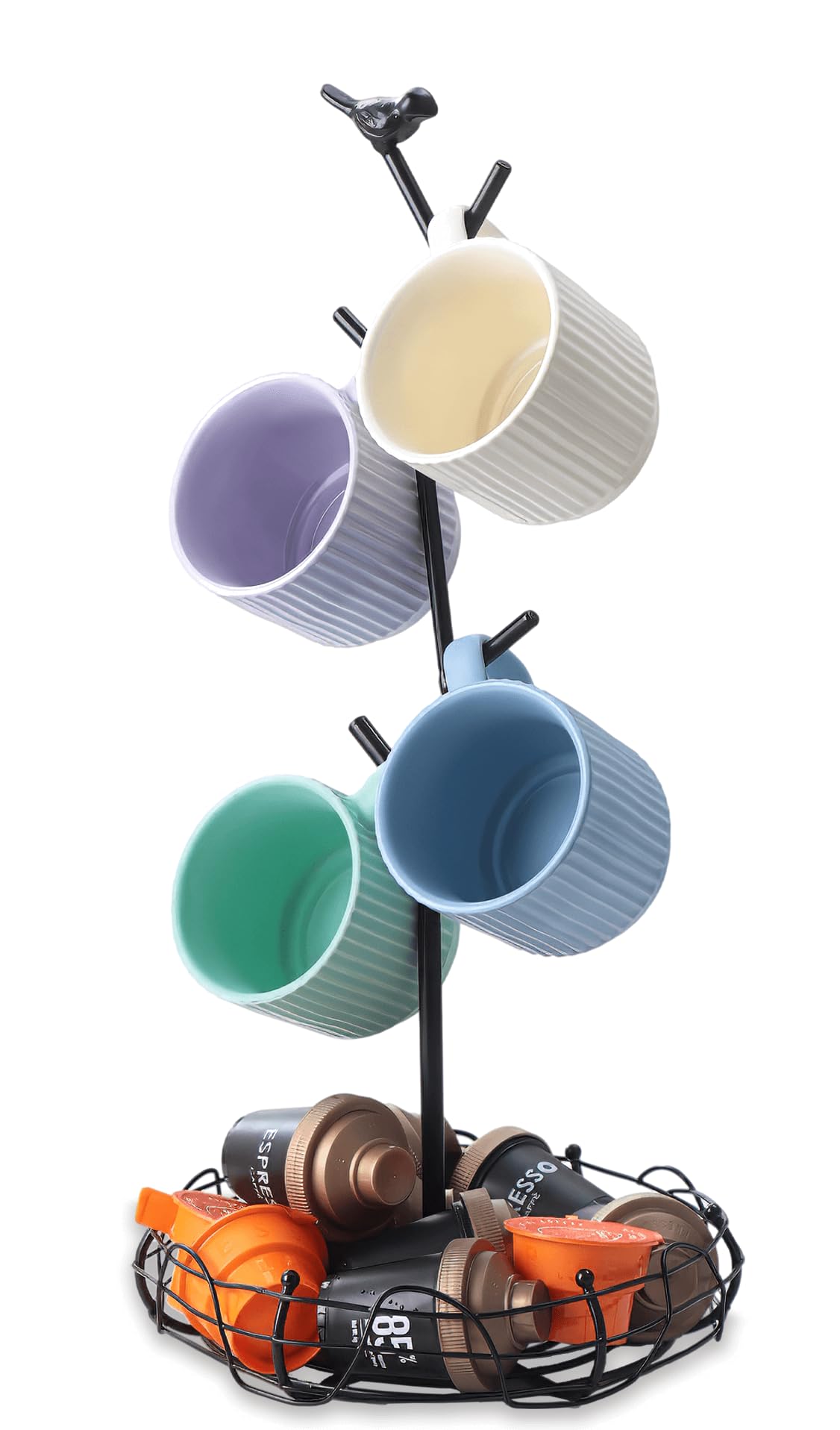 Porte-tasses décoratif pour comptoir | Arbre à tasses à café avec panier de rangement nid d'oiseau | Peut contenir 4 grandes tasses | Décoration de cuisine fantaisiste, accessoires de bar à café et